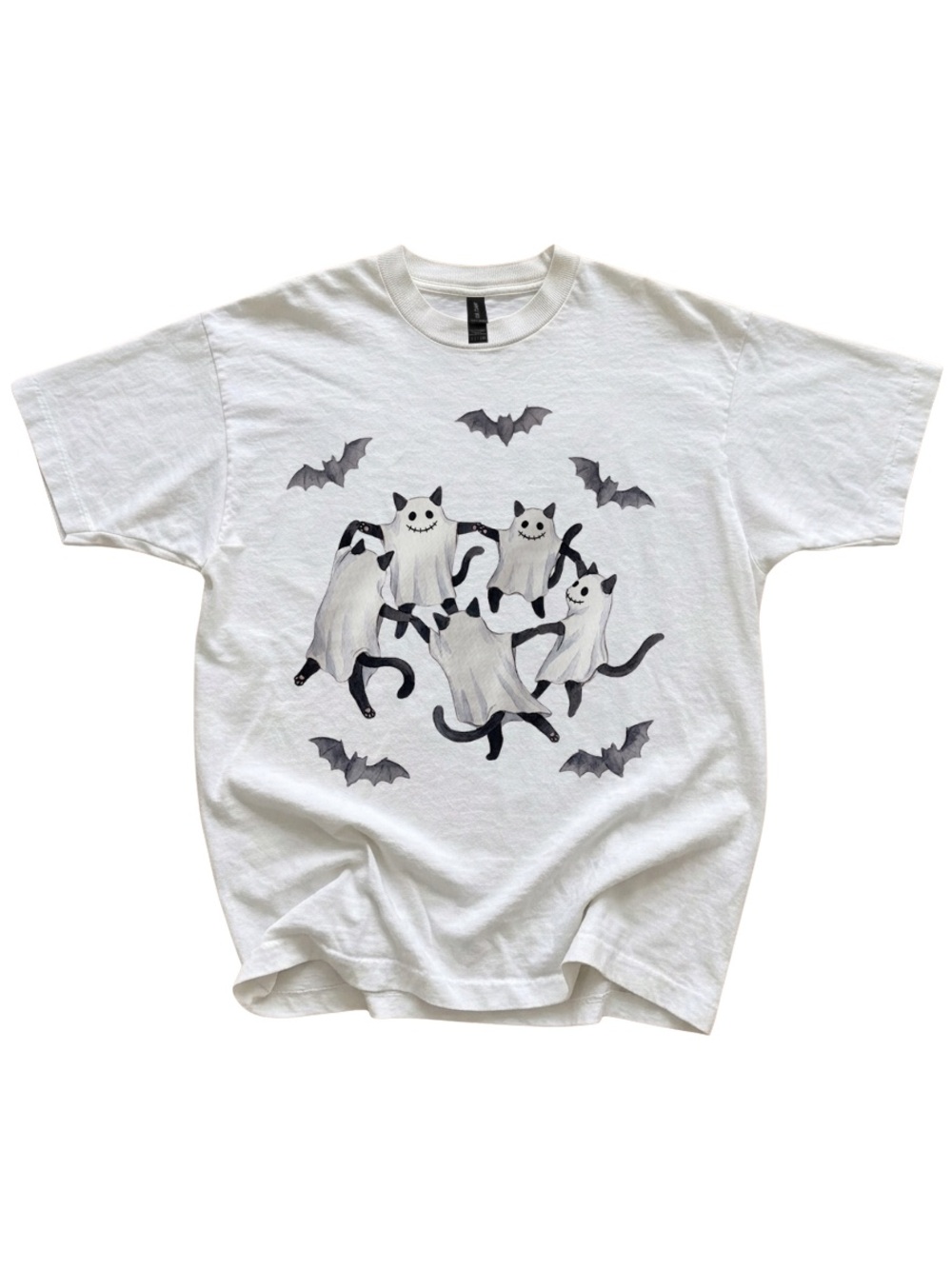 Cat Ghosts Halloween Graphic Tee, Gildan White Spooky Season T-Shirt